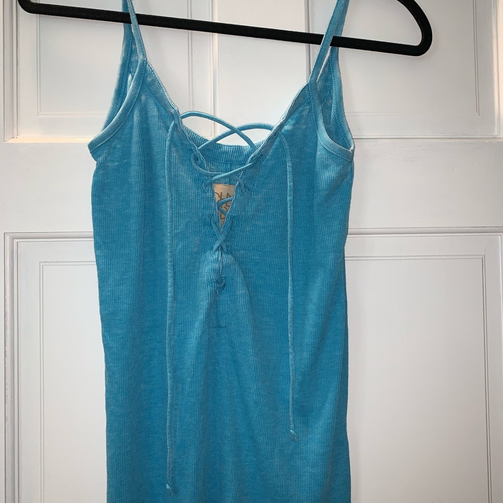 Lace up blue tank top